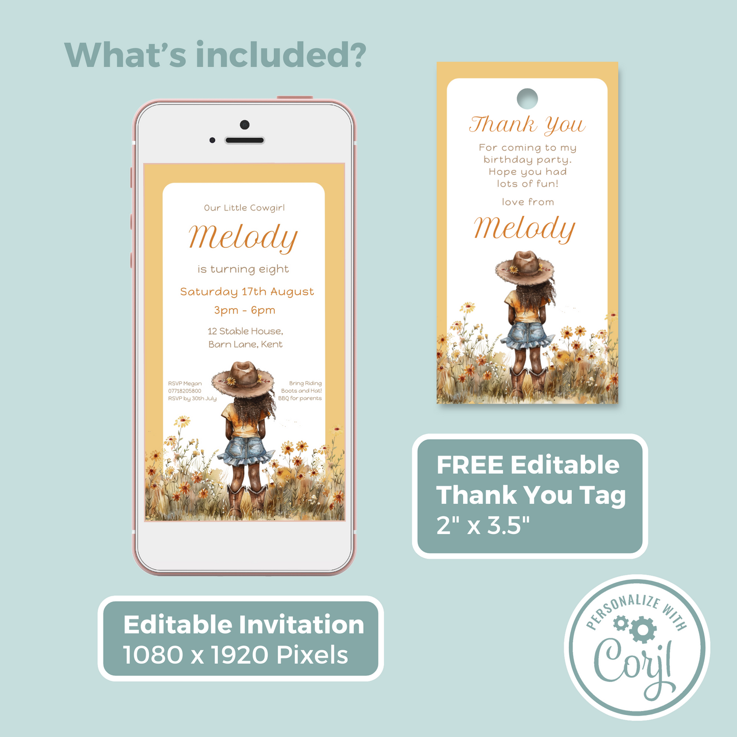 Editable Evite Birthday Invitation and FREE Thank You Tag - Cowgirl Peach