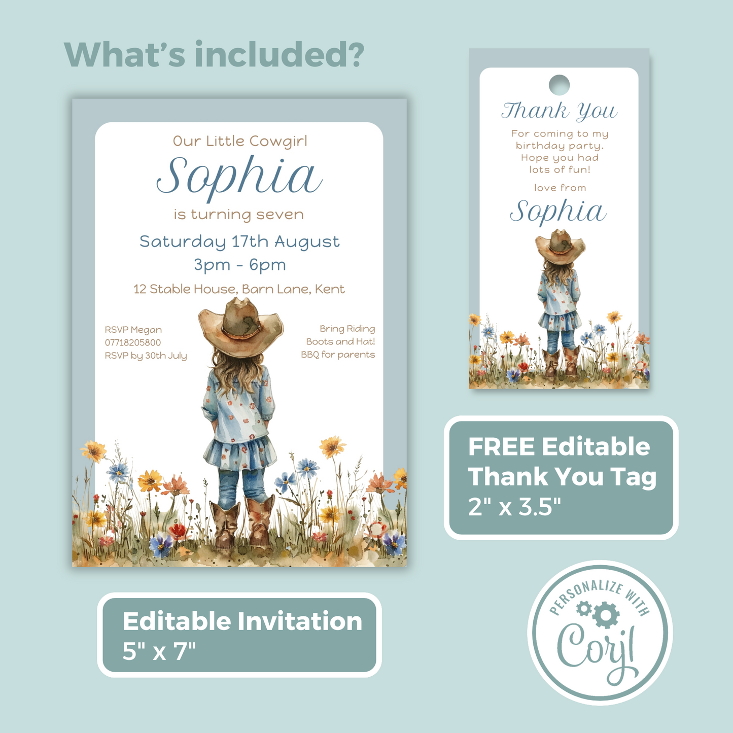 Editable Birthday Invitation and FREE Thank You Tag - Cowgirl Blue