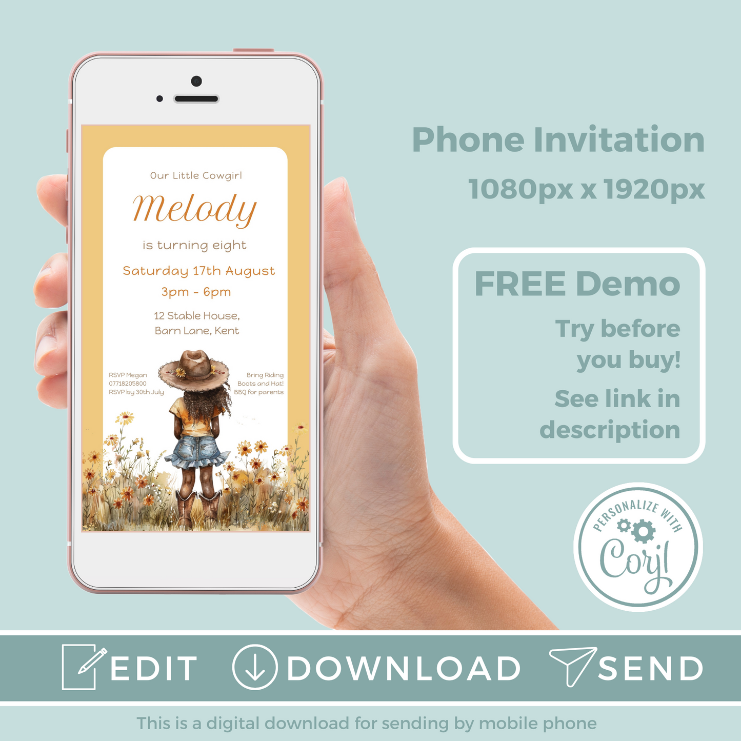 Editable Evite Birthday Invitation and FREE Thank You Tag - Cowgirl Peach