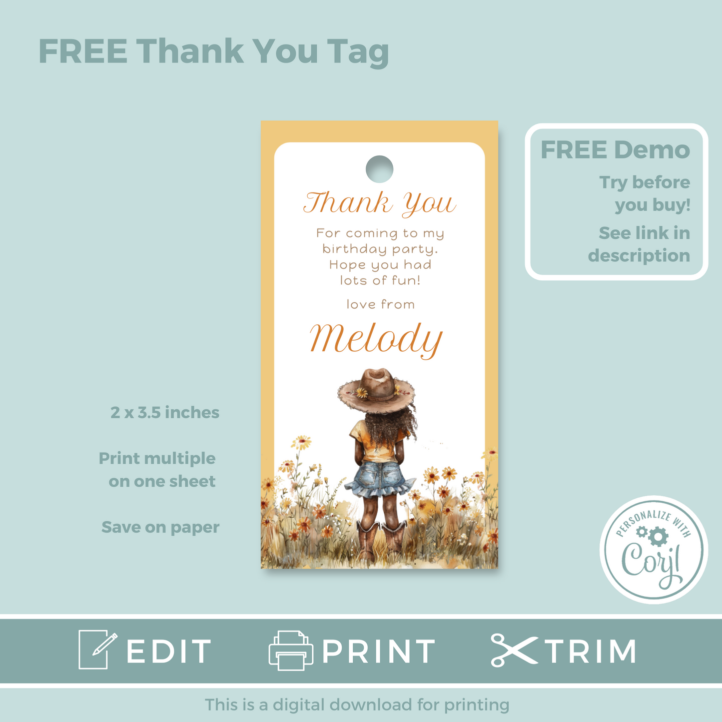Editable Birthday Invitation and FREE Thank You Tag - Cowgirl Peach