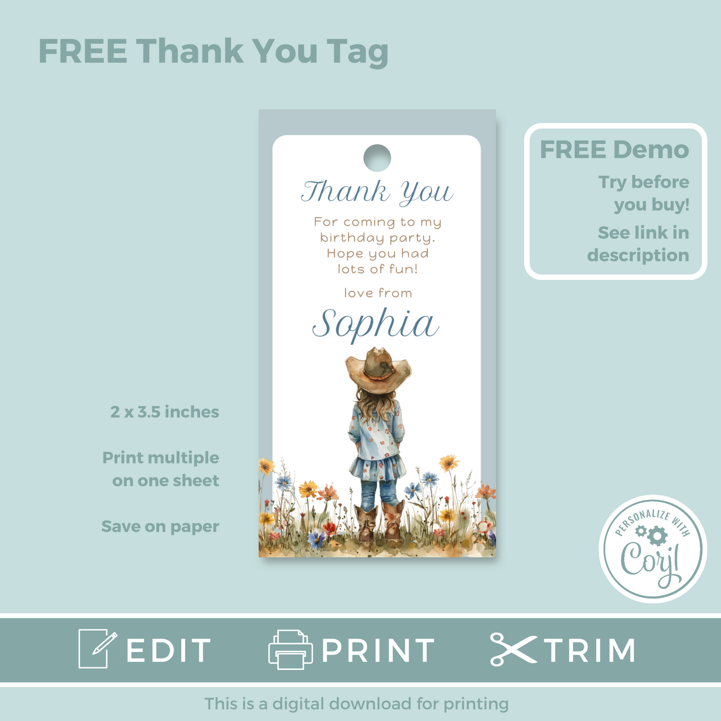 Editable Evite Birthday Invitation and FREE Thank You Tag - Cowgirl Blue