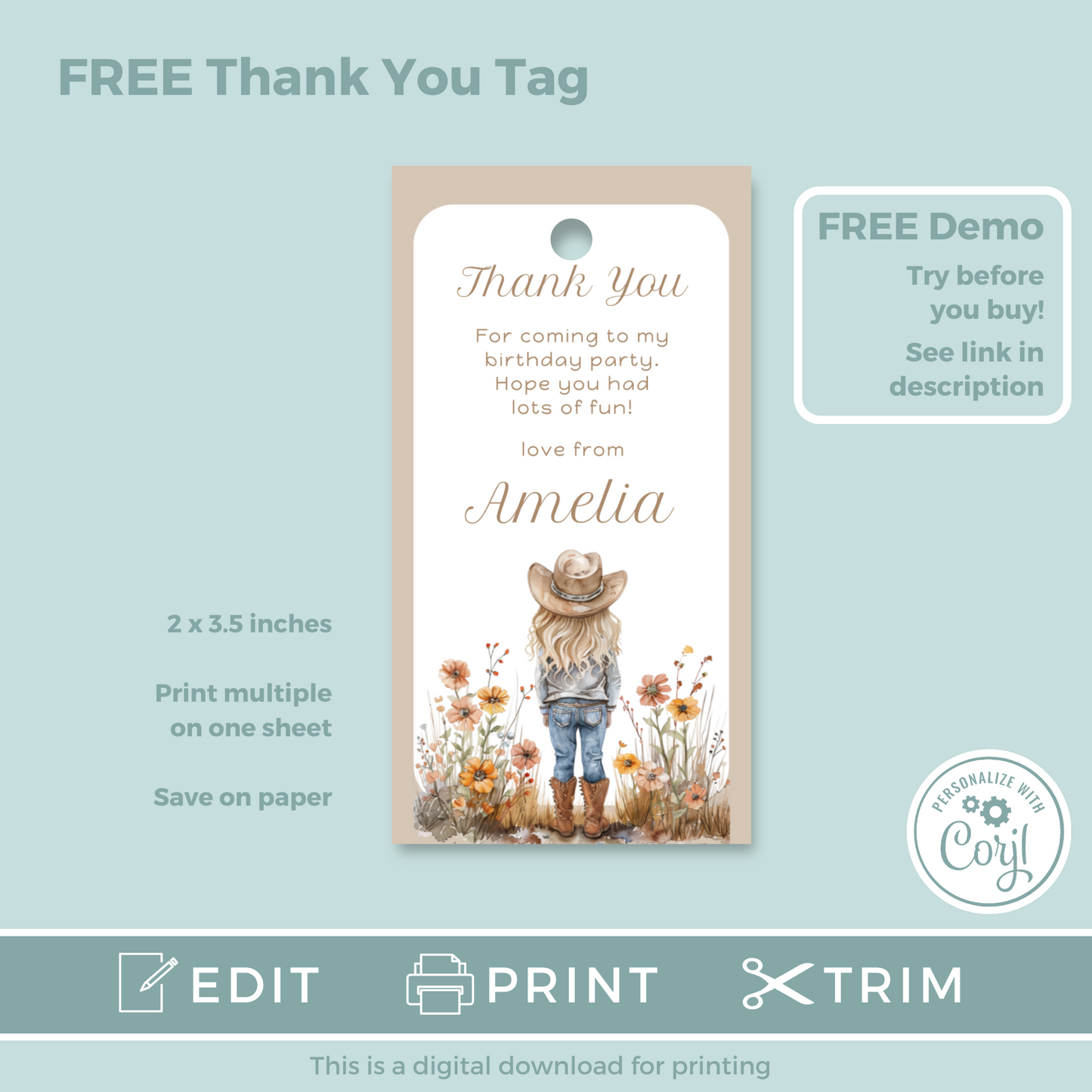 Editable Evite Birthday Invitation and FREE Thank You Tag - Cowgirl Beige