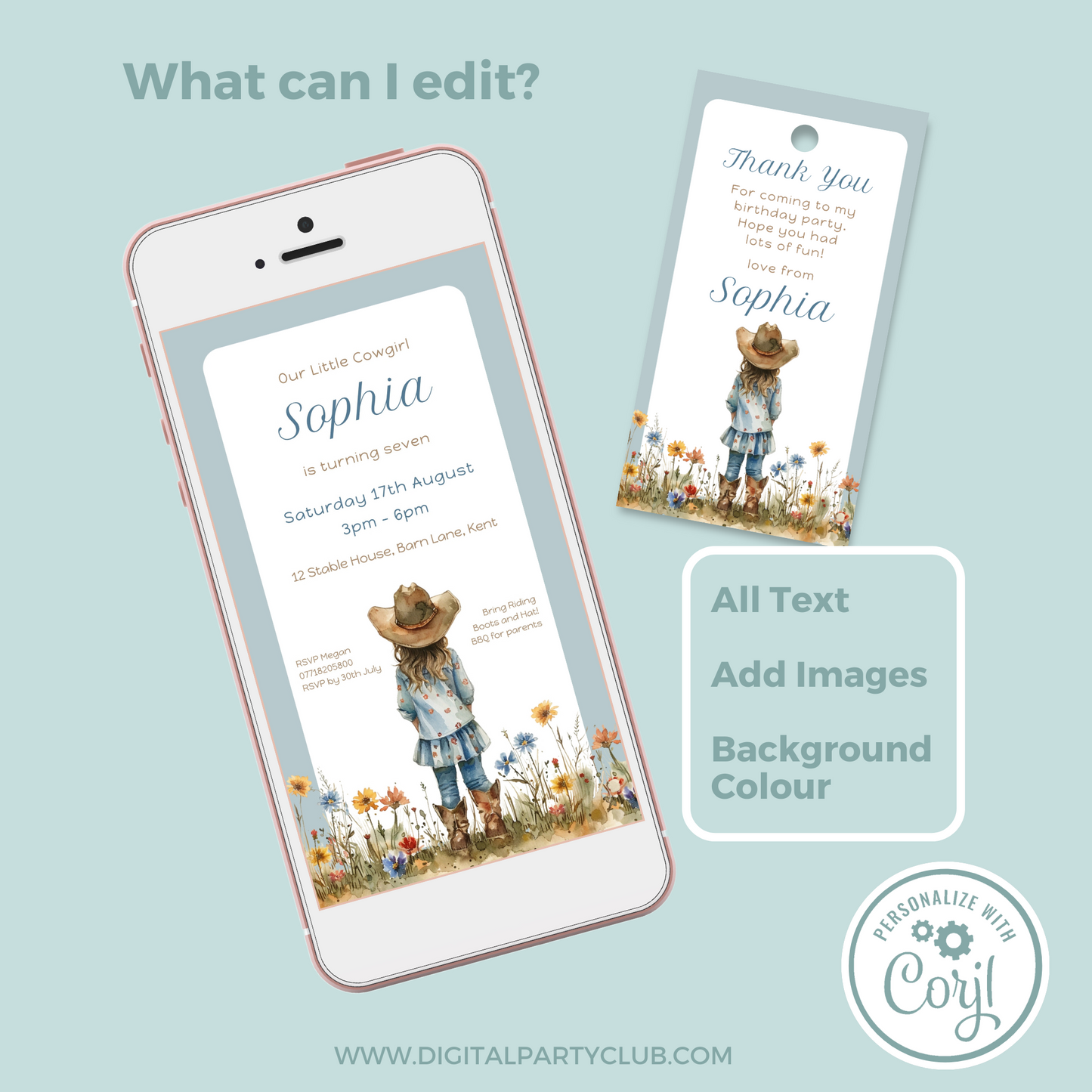 Editable Evite Birthday Invitation and FREE Thank You Tag - Cowgirl Blue