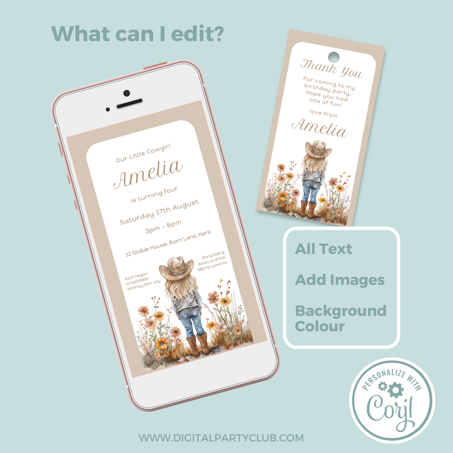 Editable Evite Birthday Invitation and FREE Thank You Tag - Cowgirl Beige