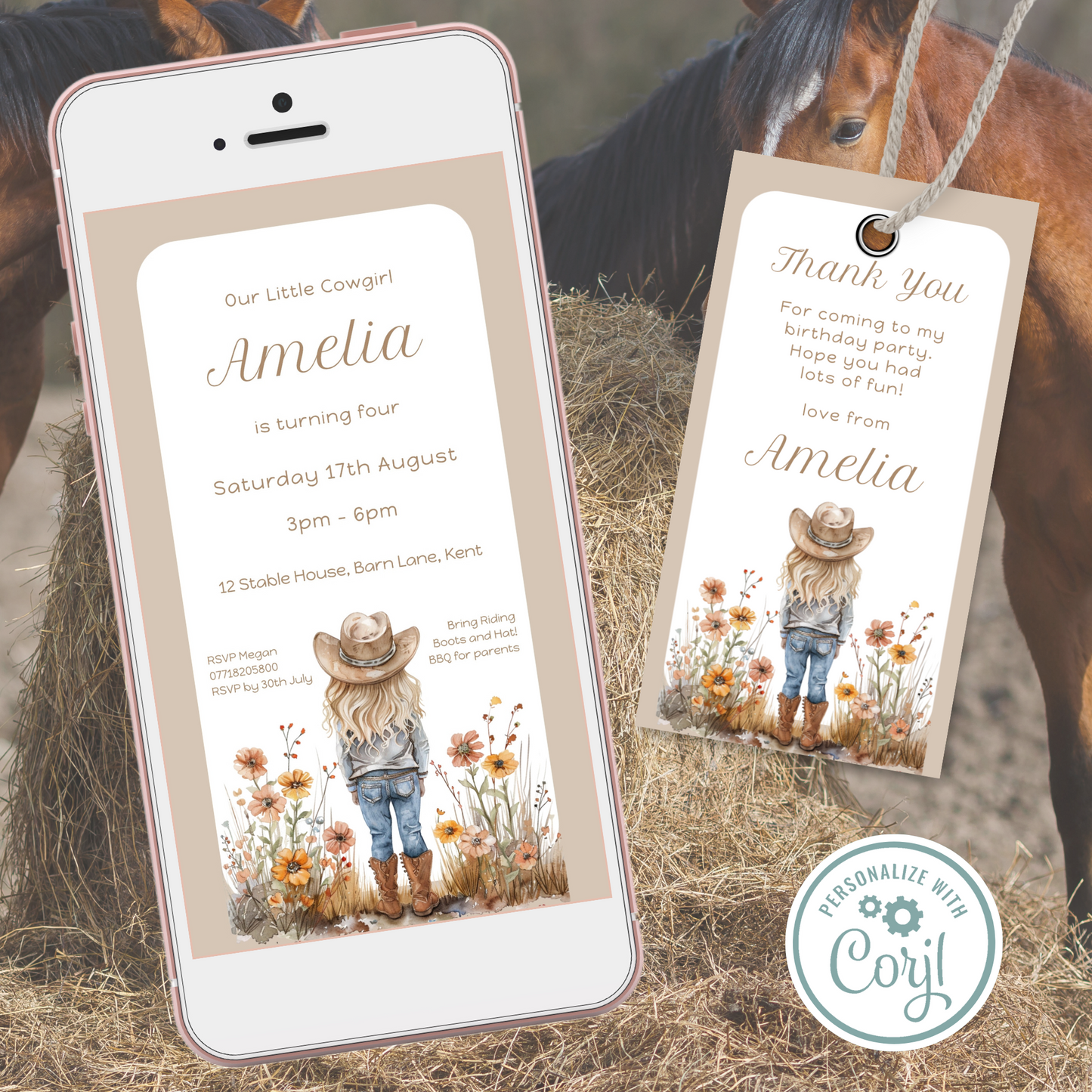 Editable Evite Birthday Invitation and FREE Thank You Tag - Cowgirl Beige