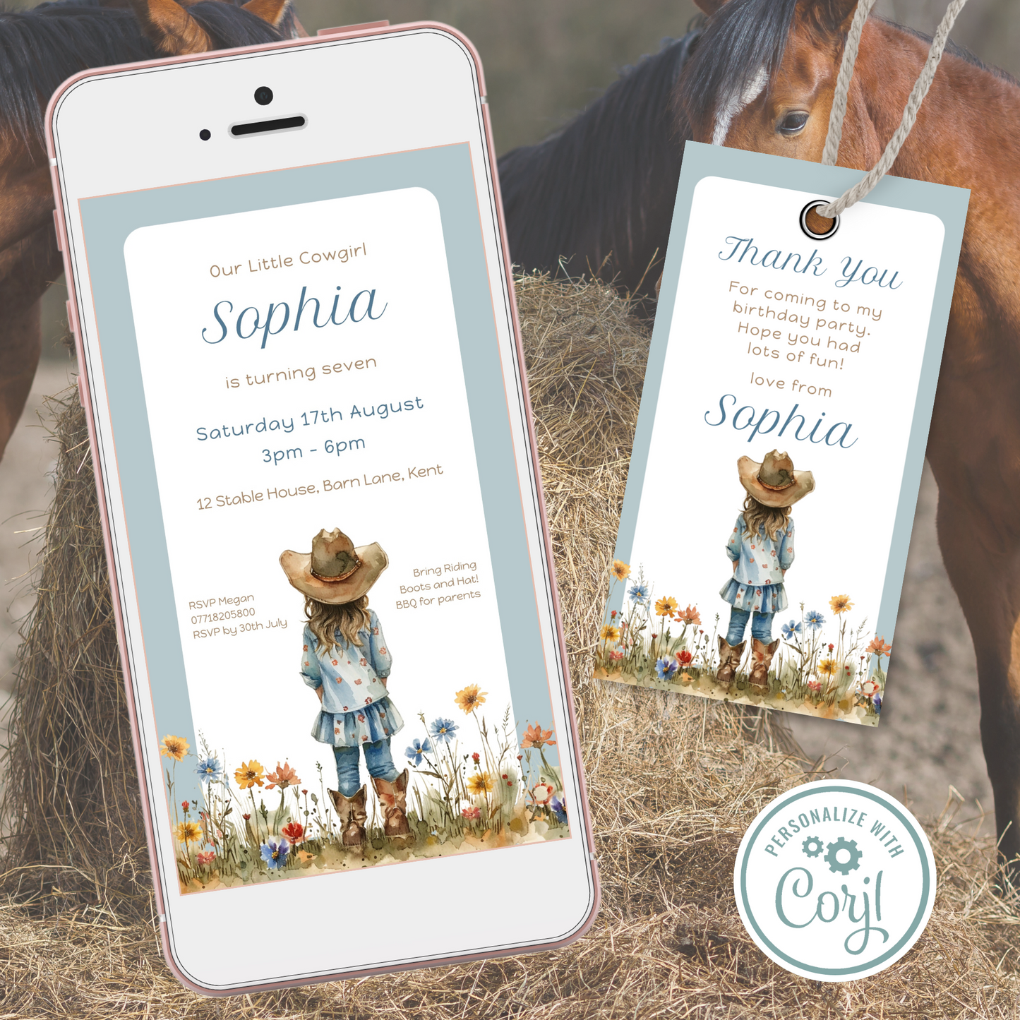 Editable Evite Birthday Invitation and FREE Thank You Tag - Cowgirl Blue