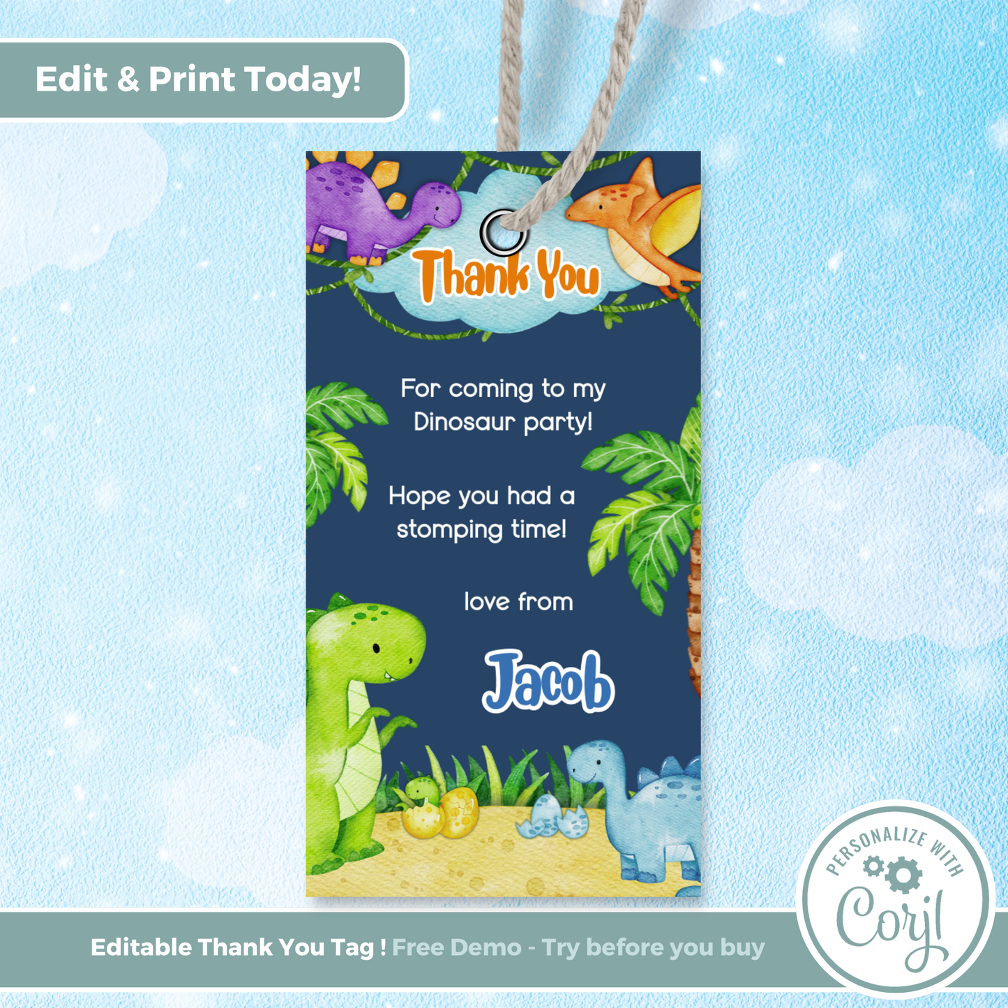 Editable Birthday Thank You Tag - Dinosaur