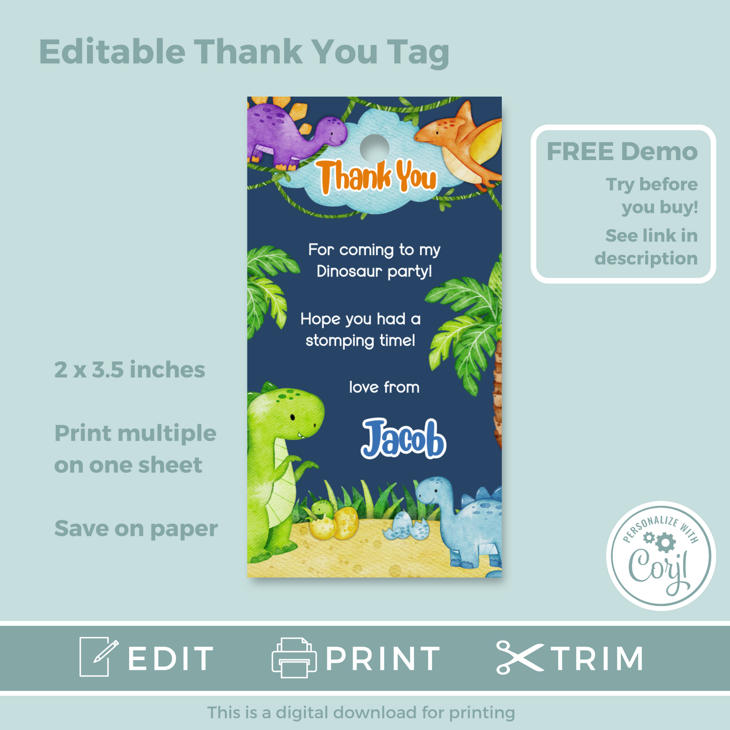 Editable Birthday Thank You Tag - Dinosaur