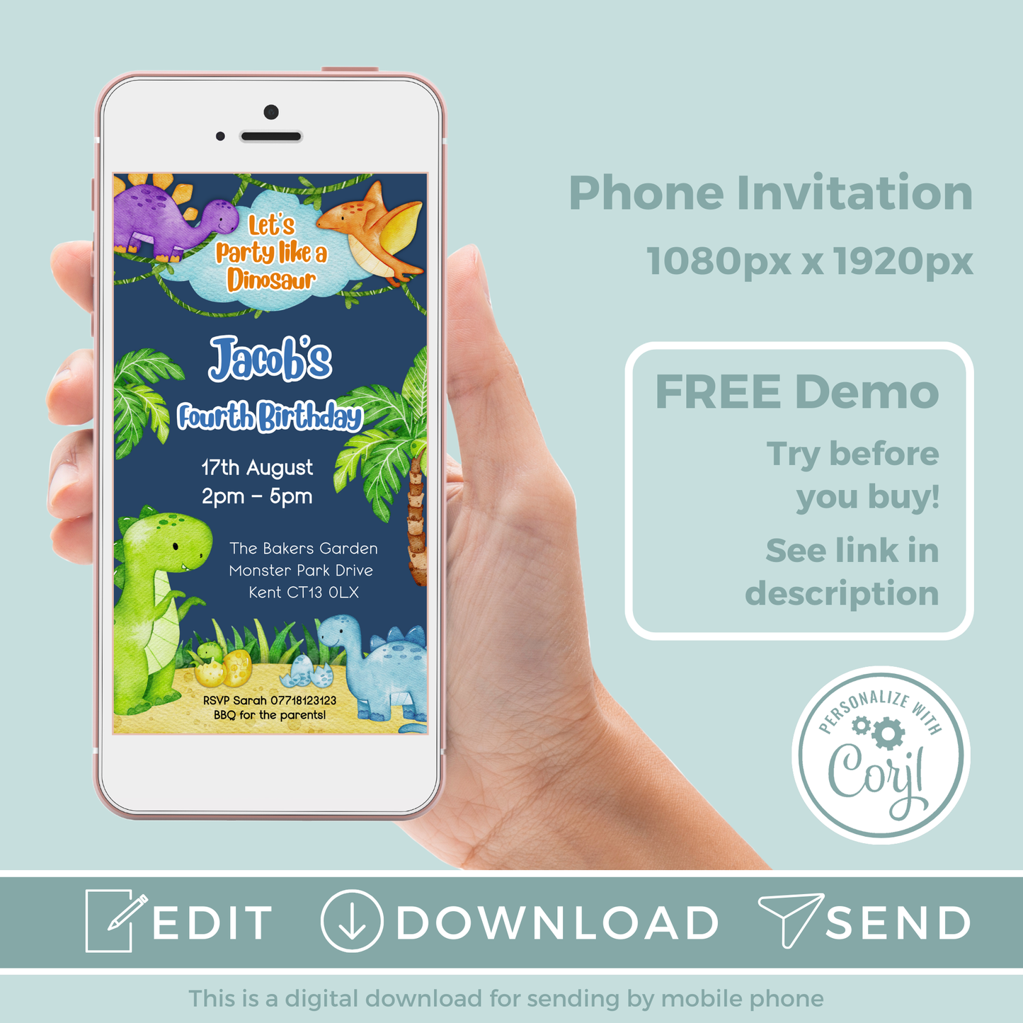 Editable Evite Birthday Invitation and FREE Thank You Tag - Dinosaur