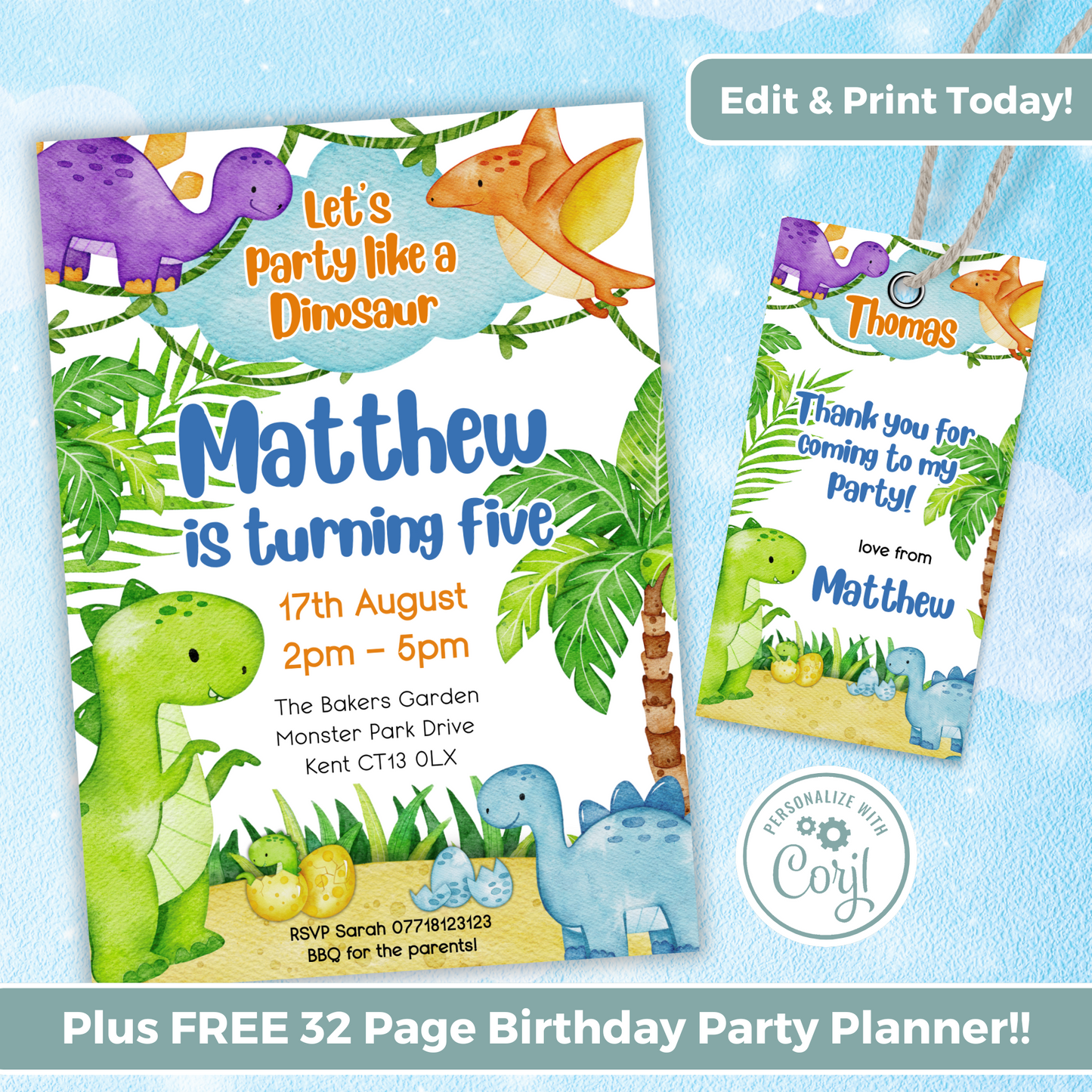Editable Birthday Invitation and FREE Thank You Tag - Dinosaur