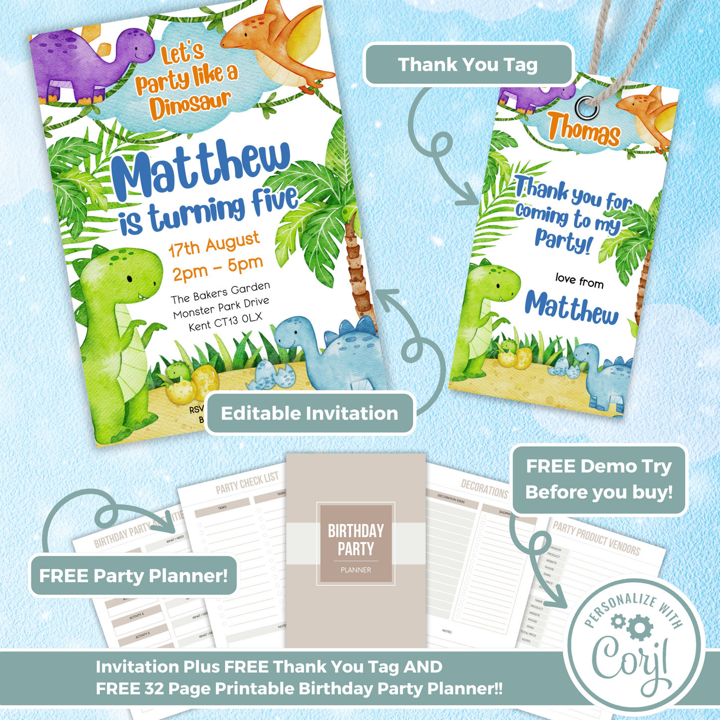 Editable Birthday Invitation and FREE Thank You Tag - Dinosaur