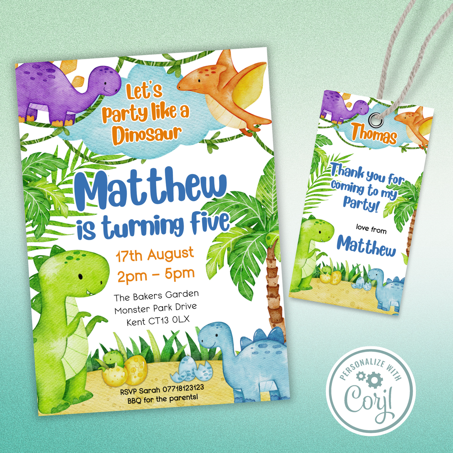 Editable Birthday Invitation and FREE Thank You Tag - Dinosaur