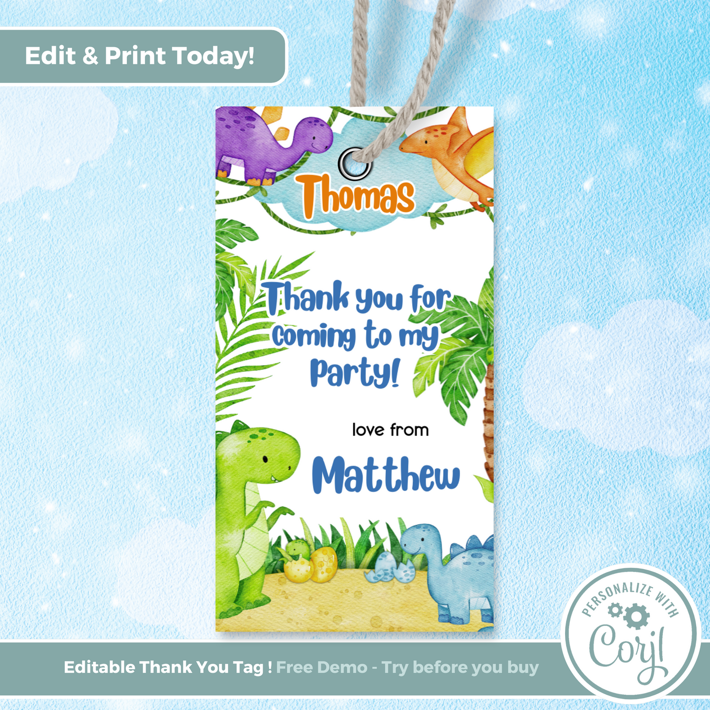 Editable Birthday Thank You Tag - Dinosaur