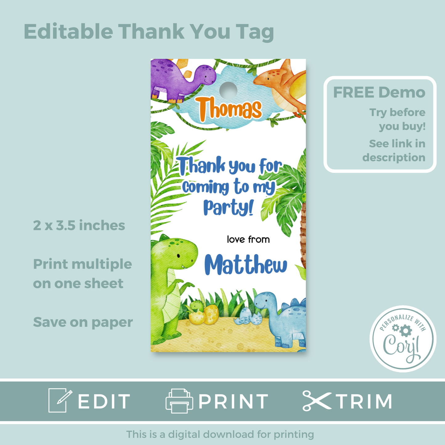 Editable Birthday Thank You Tag - Dinosaur