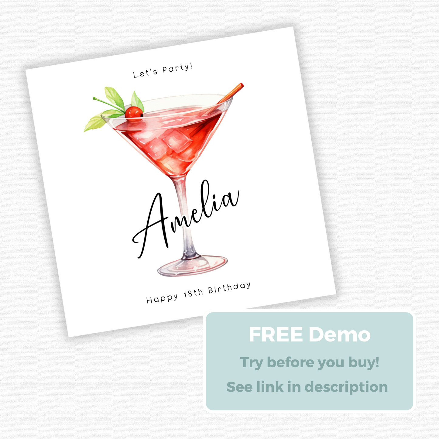 Editable Birthday Card - 18th Martini Glass