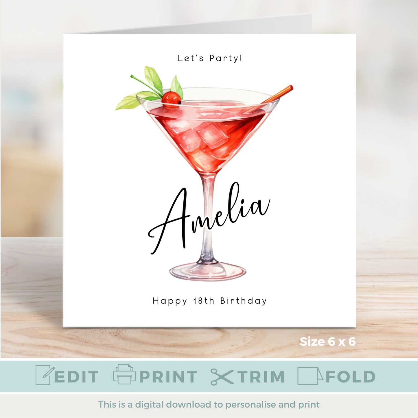 Editable Birthday Card - 18th Martini Glass