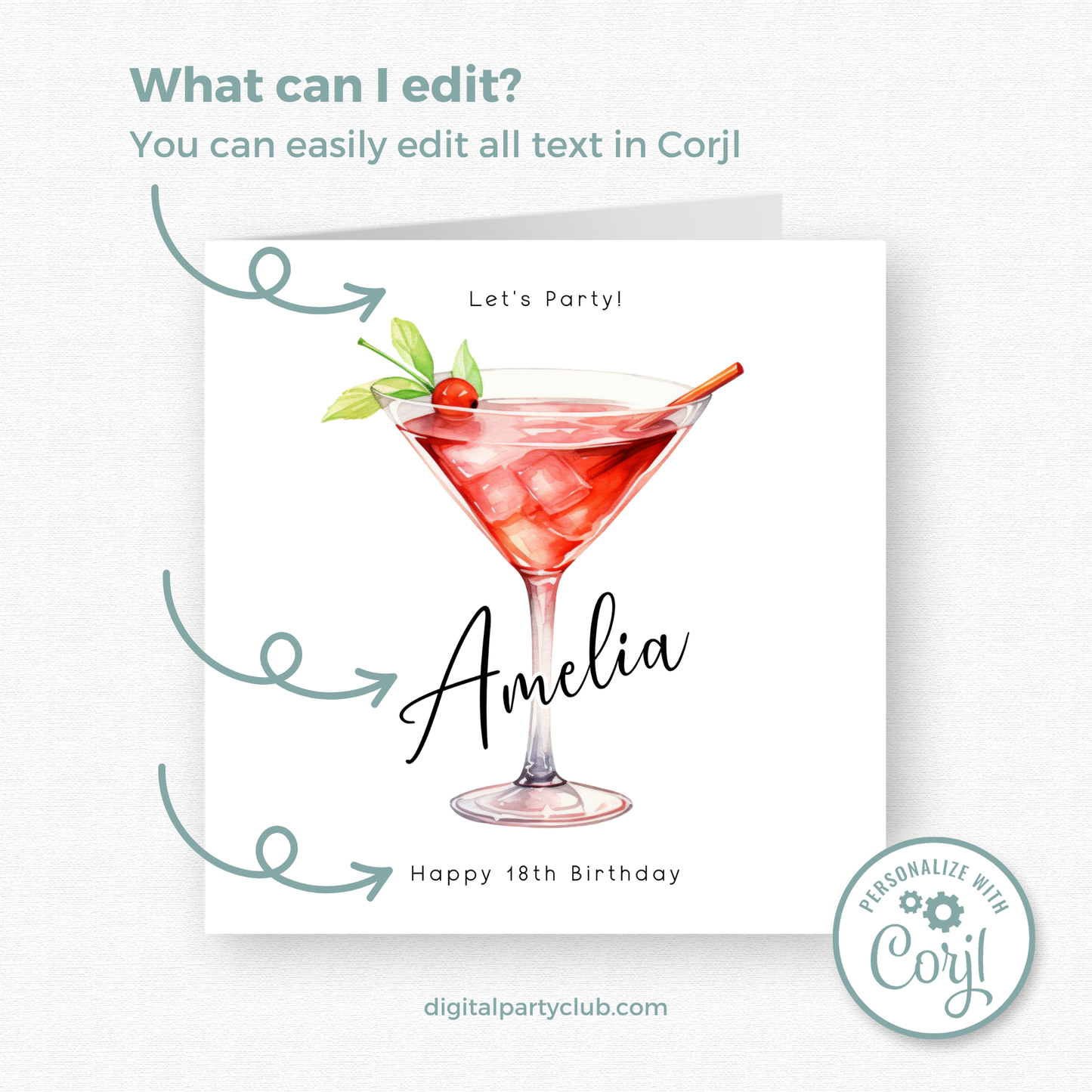 Editable Birthday Card - 18th Martini Glass