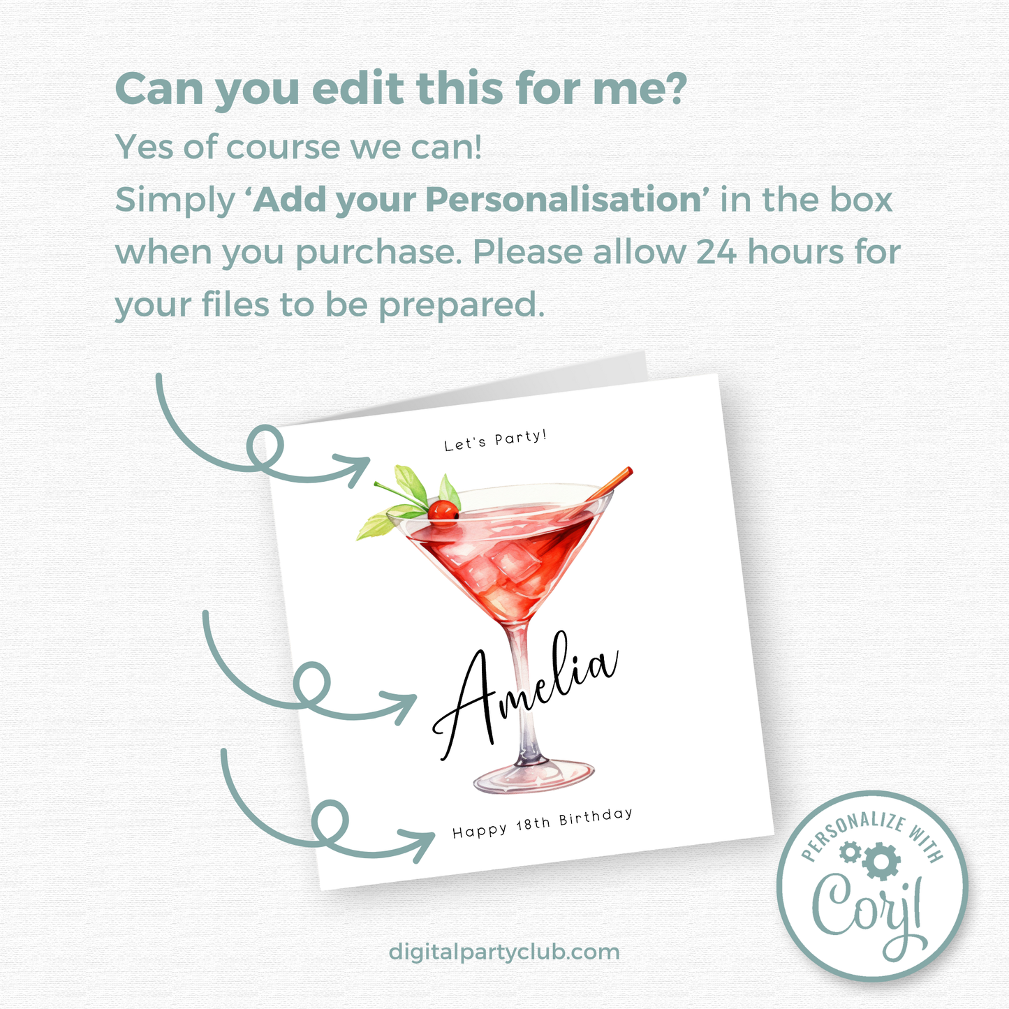 Editable Birthday Card - 18th Martini Glass