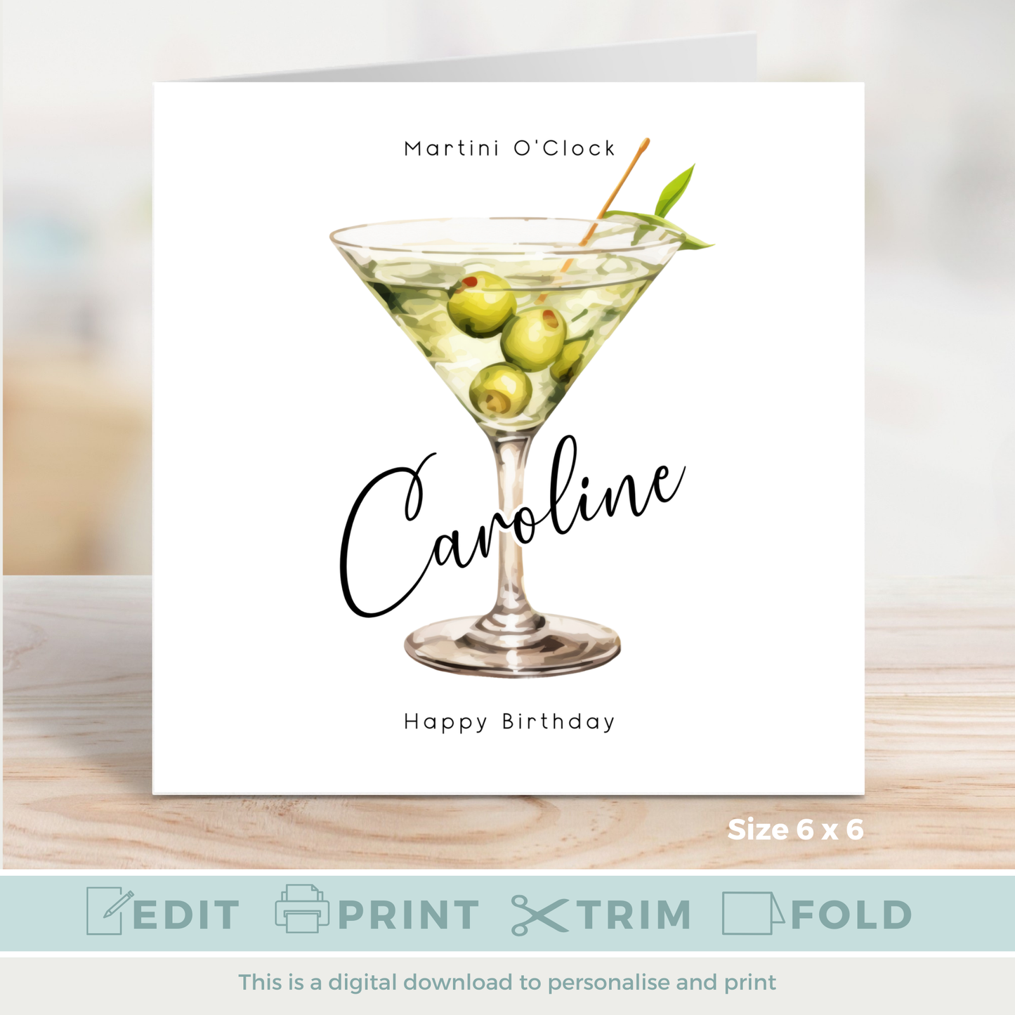 Editable Birthday Card - Martini Olive