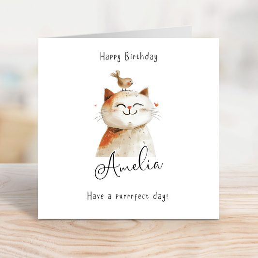 Editable Birthday Card - Cute Cat with Bird