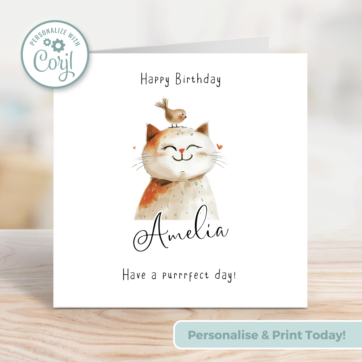 Editable Birthday Card - Cute Cat with Bird