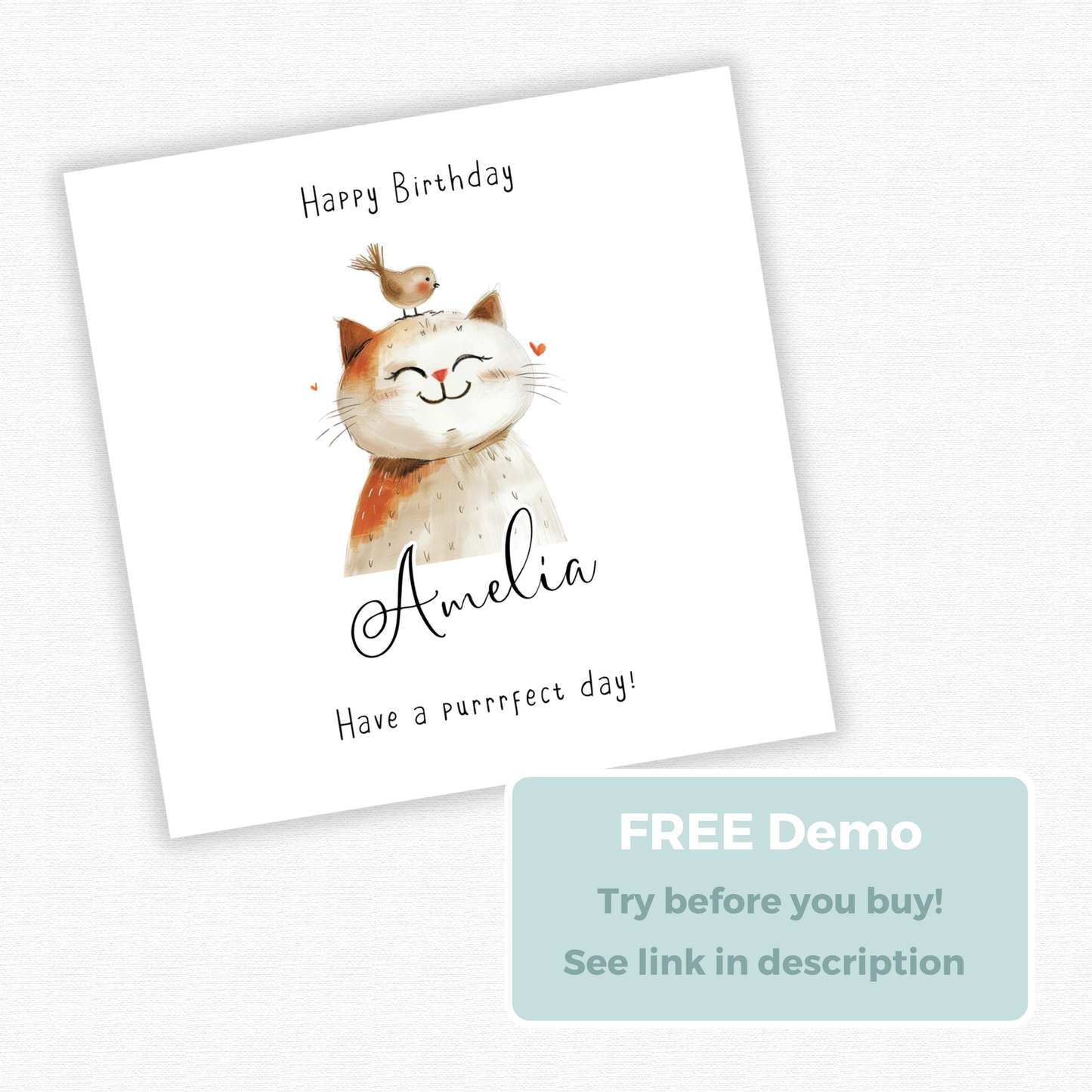 Editable Birthday Card - Cute Cat with Bird