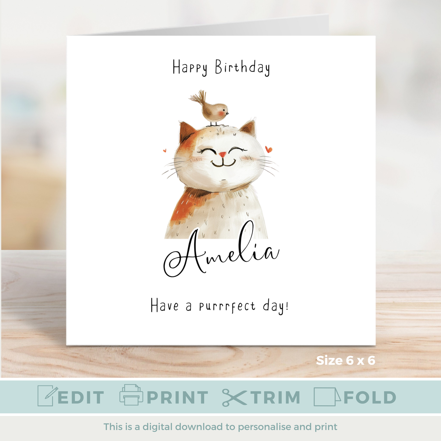 Editable Birthday Card - Cute Cat with Bird
