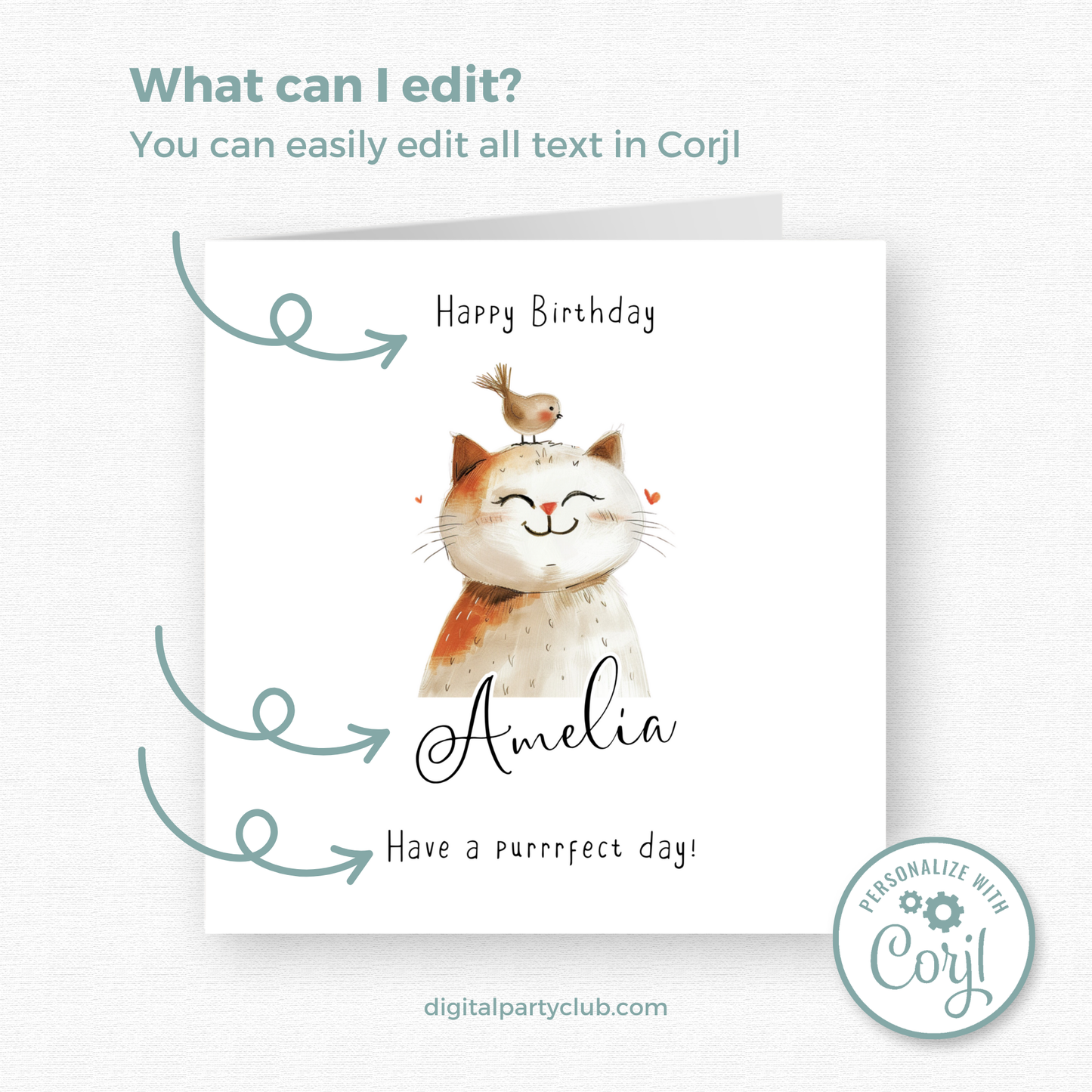 Editable Birthday Card - Cute Cat with Bird