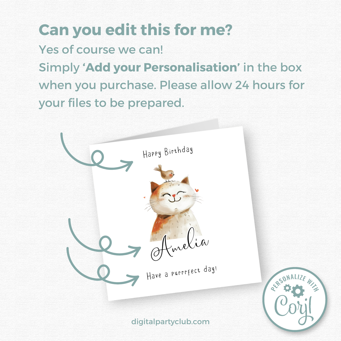 Editable Birthday Card - Cute Cat with Bird