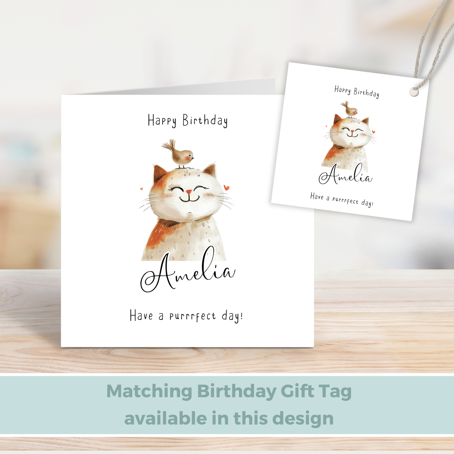 Editable Birthday Card - Cute Cat with Bird