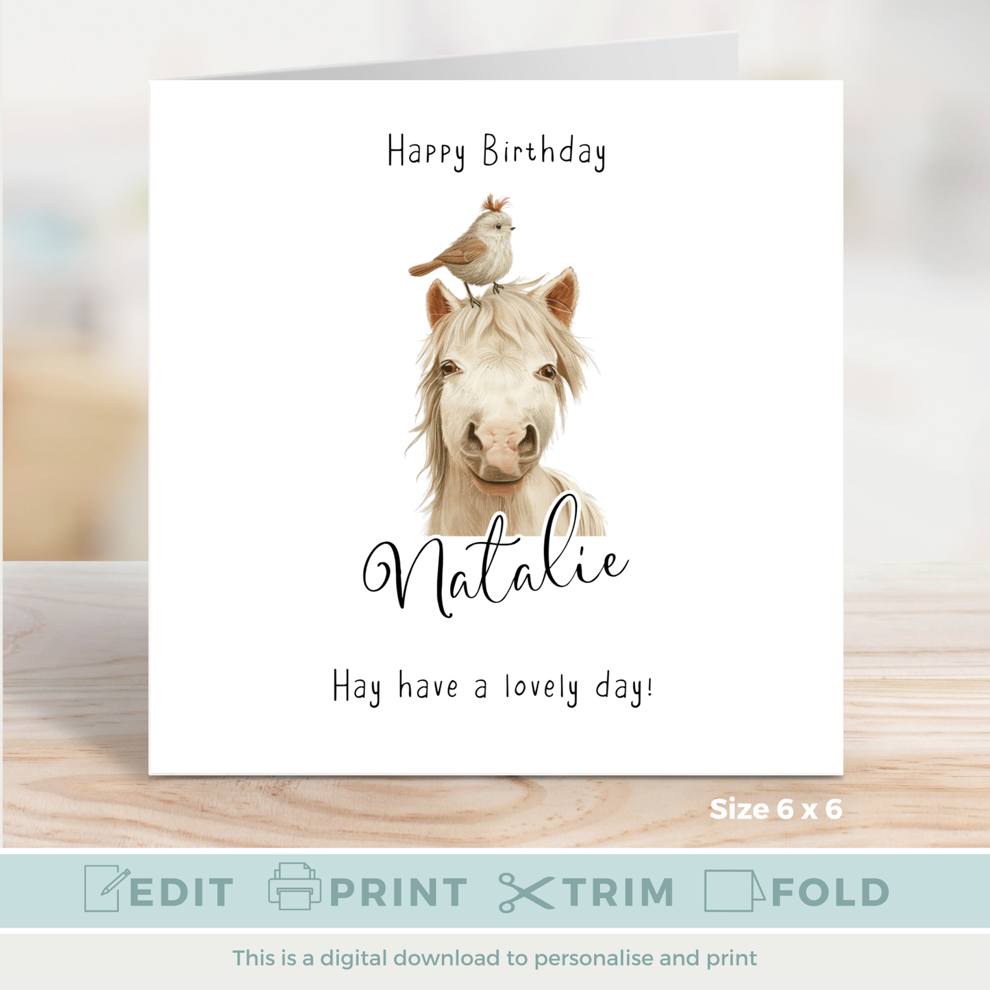 Editable Birthday Card - Cute Horse with Bird