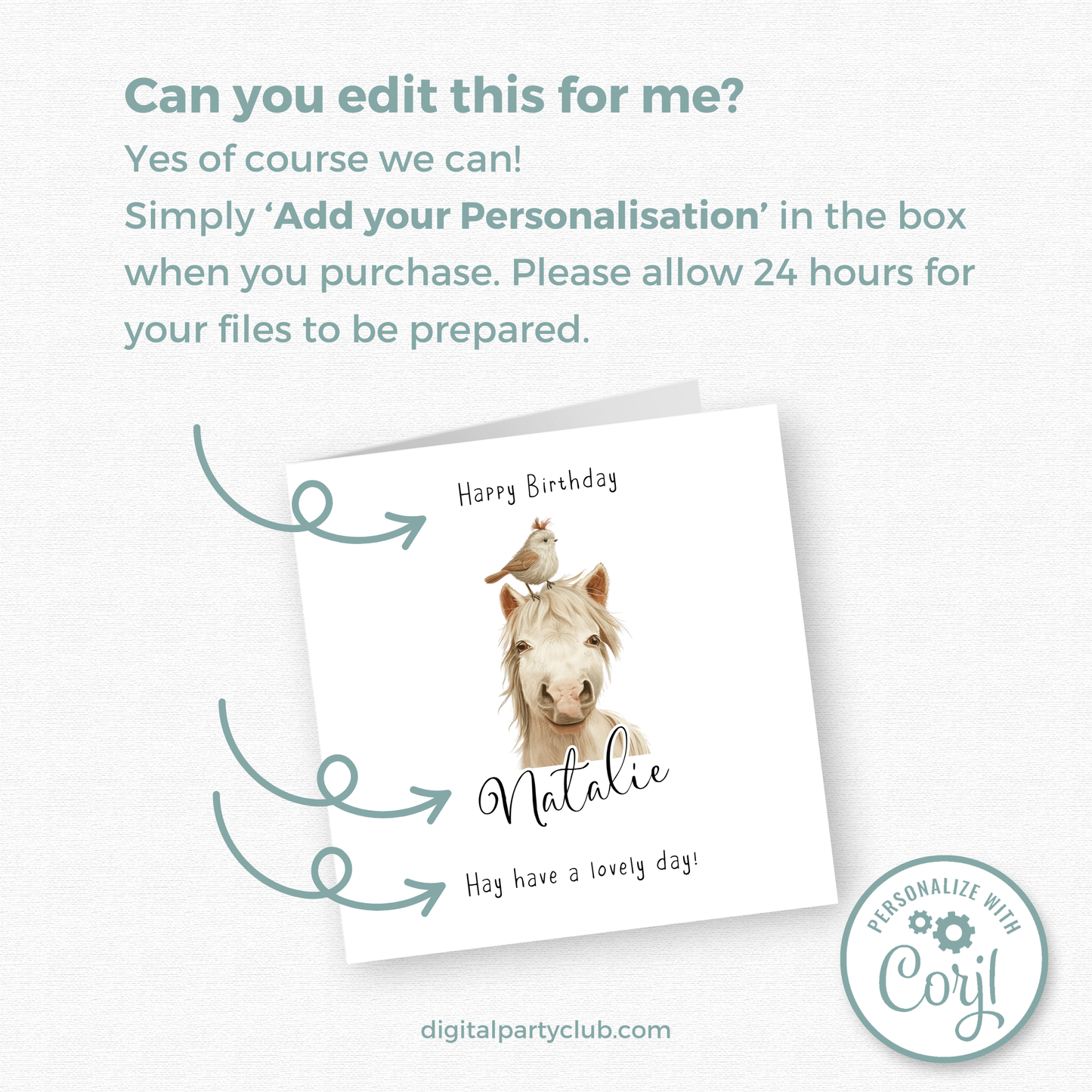 Editable Birthday Card - Cute Horse with Bird