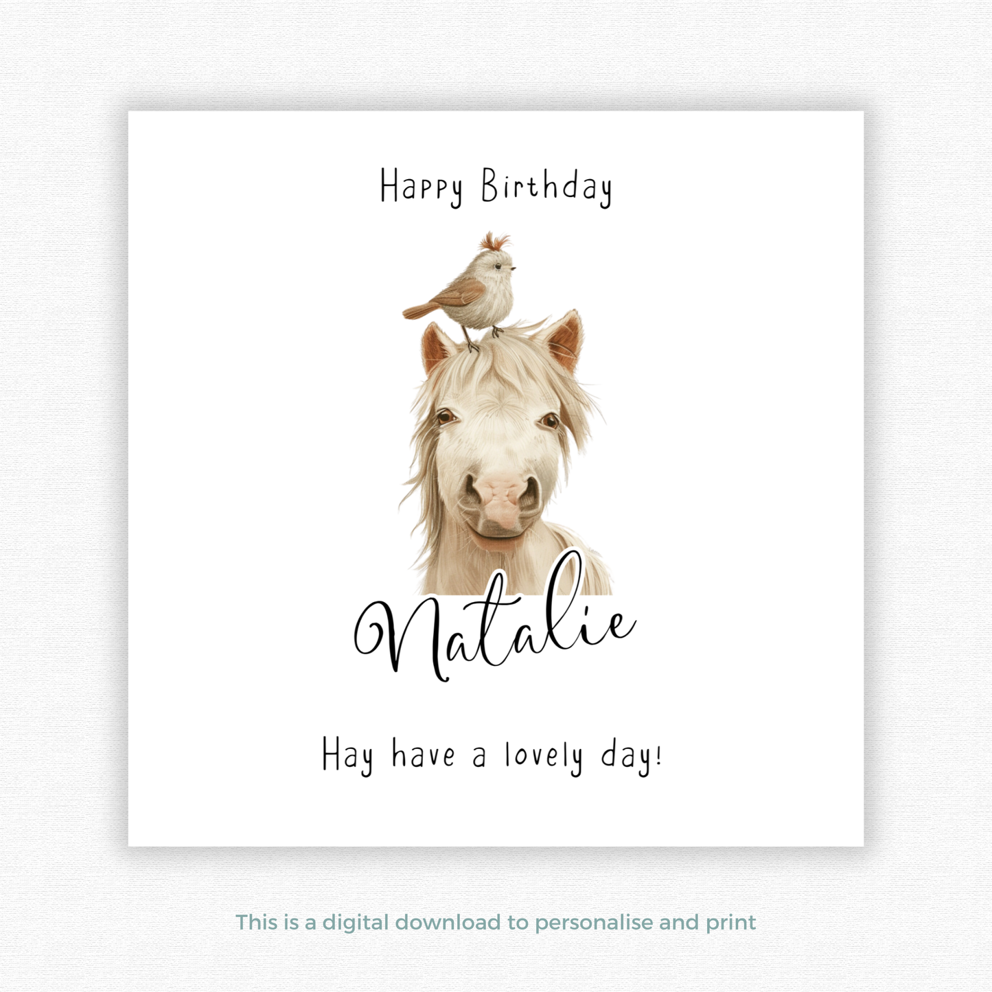 Editable Birthday Card - Cute Horse with Bird