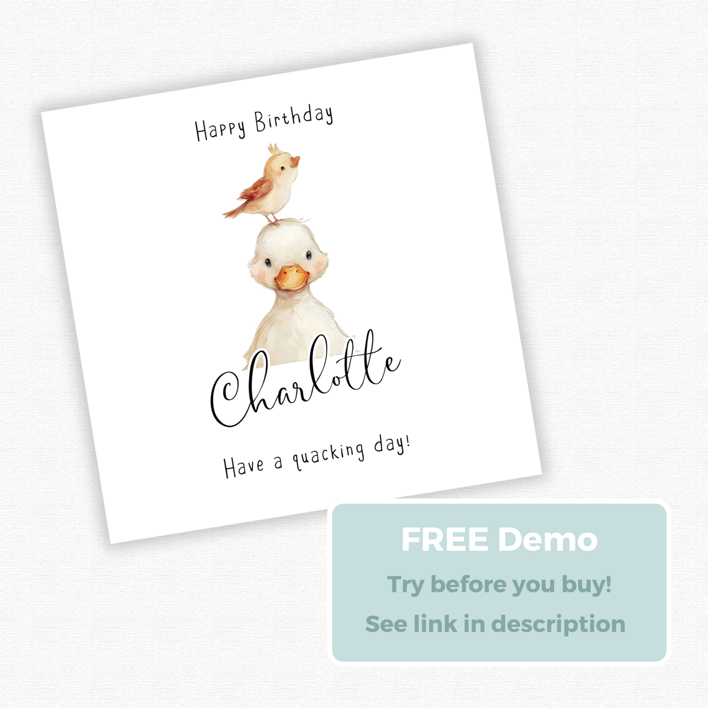 Editable Birthday Card - Duckling with Bird