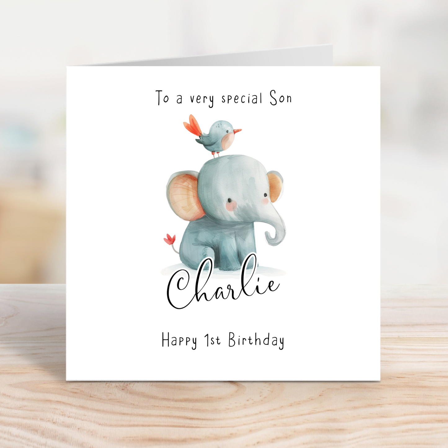 Editable Birthday Card - Baby Elephant with Bird