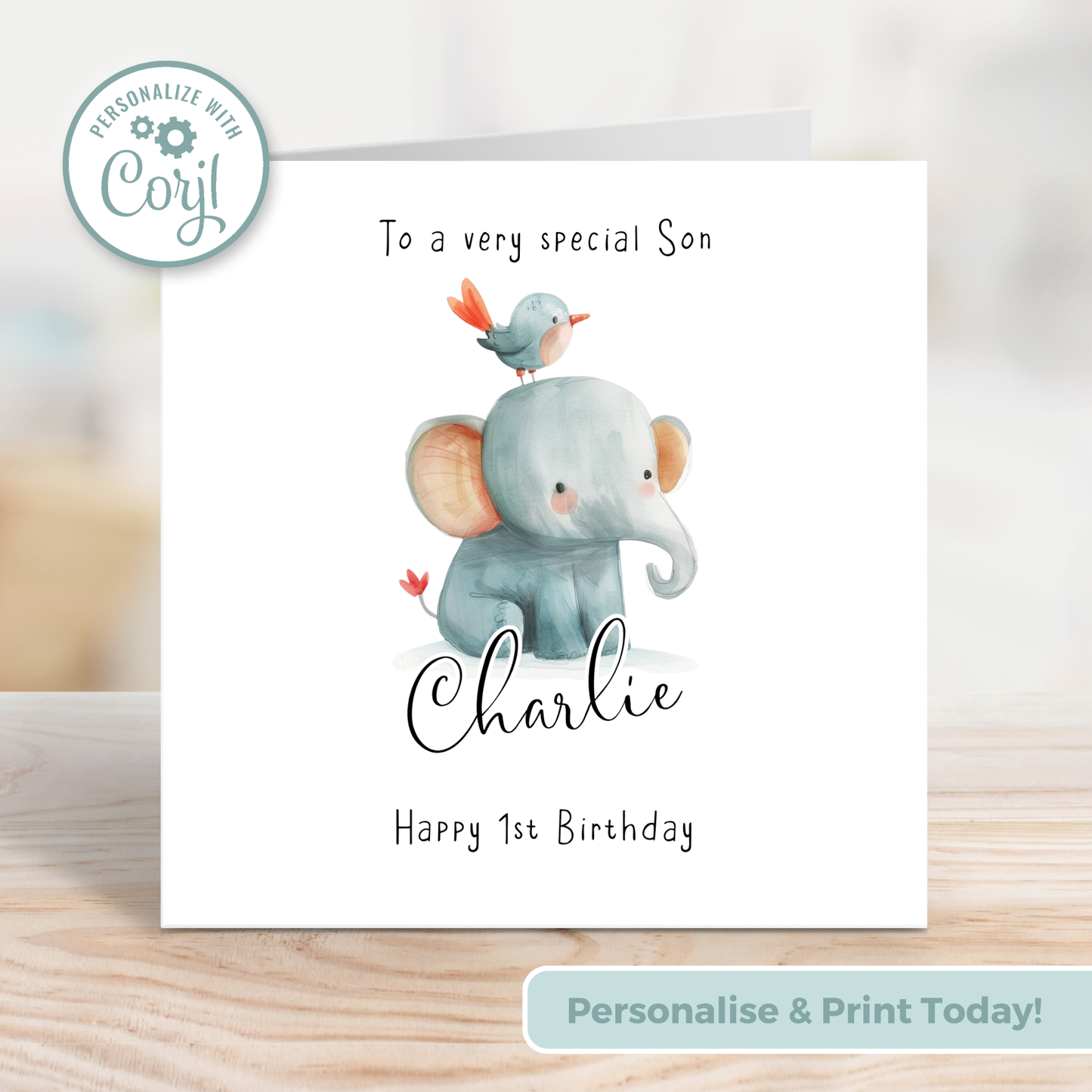 Editable Birthday Card - Baby Elephant with Bird