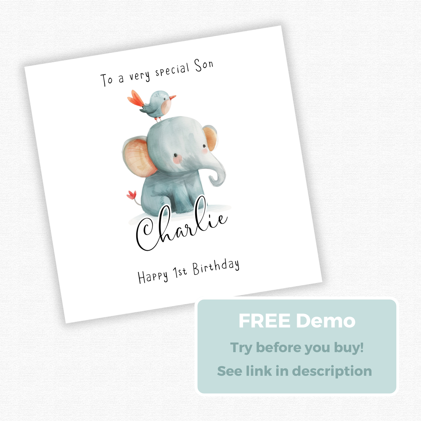 Editable Birthday Card - Baby Elephant with Bird