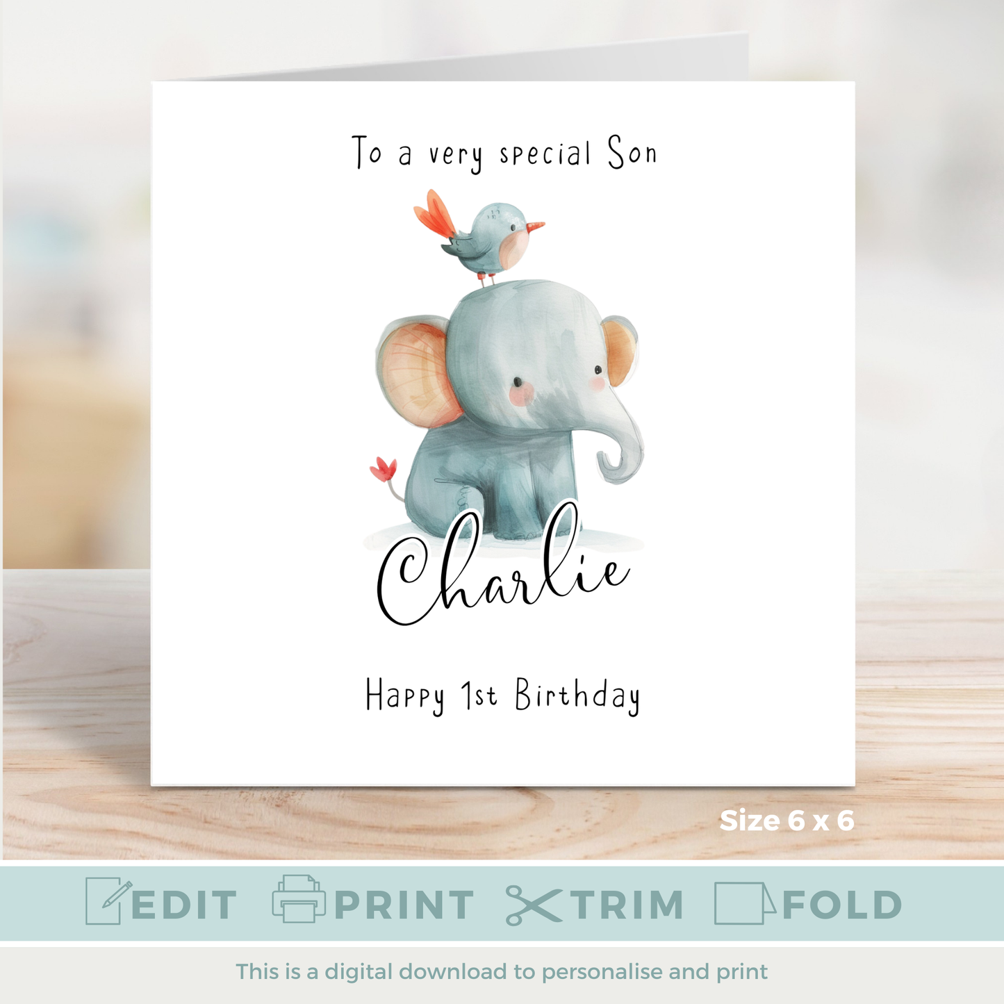 Editable Birthday Card - Baby Elephant with Bird