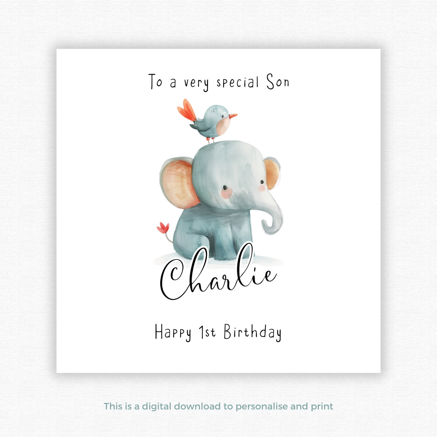 Editable Birthday Card - Baby Elephant with Bird