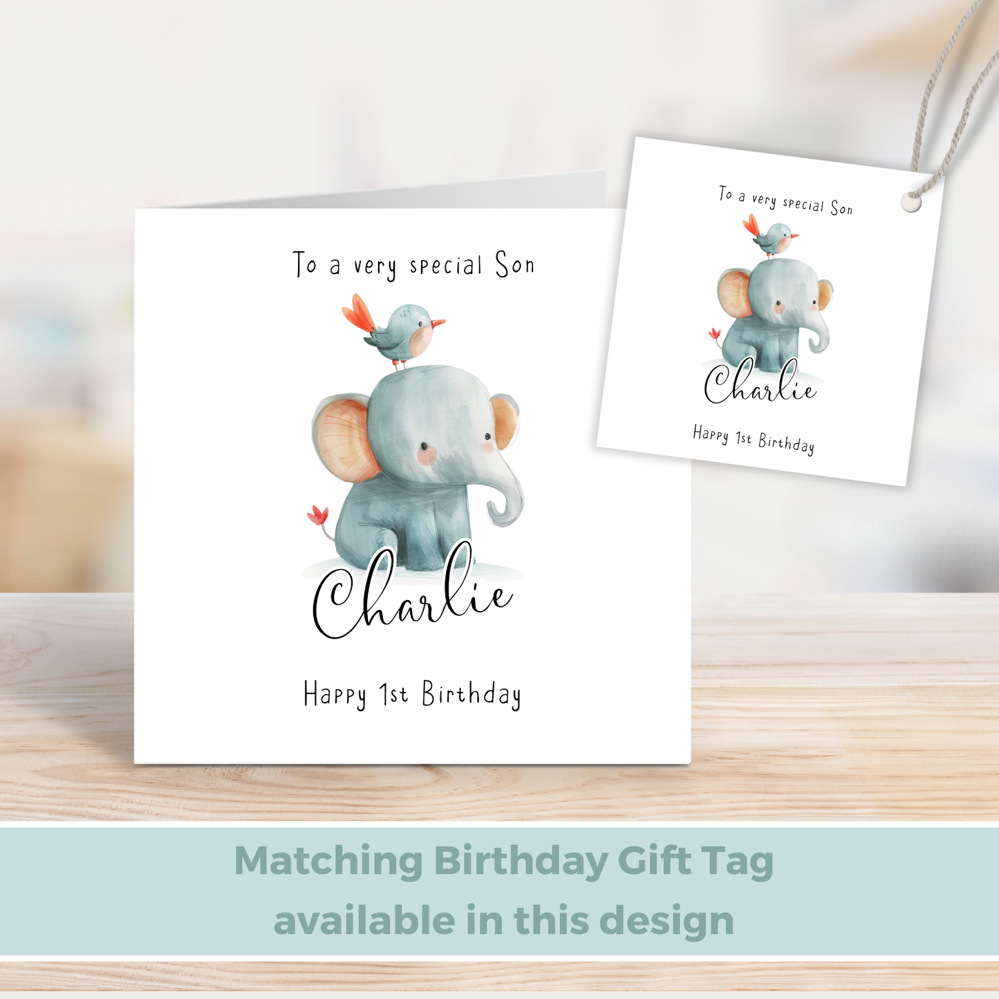 Editable Birthday Card - Baby Elephant with Bird