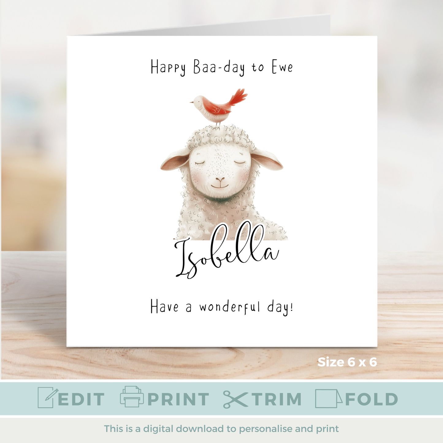 Editable Birthday Card - Sheep with Bird