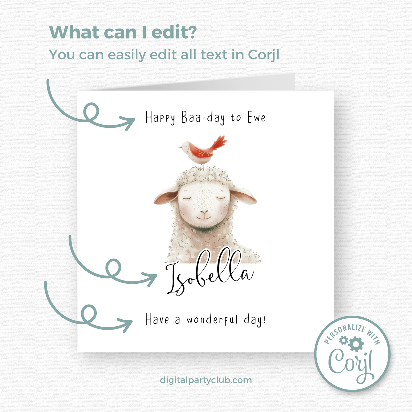 Editable Birthday Card - Sheep with Bird