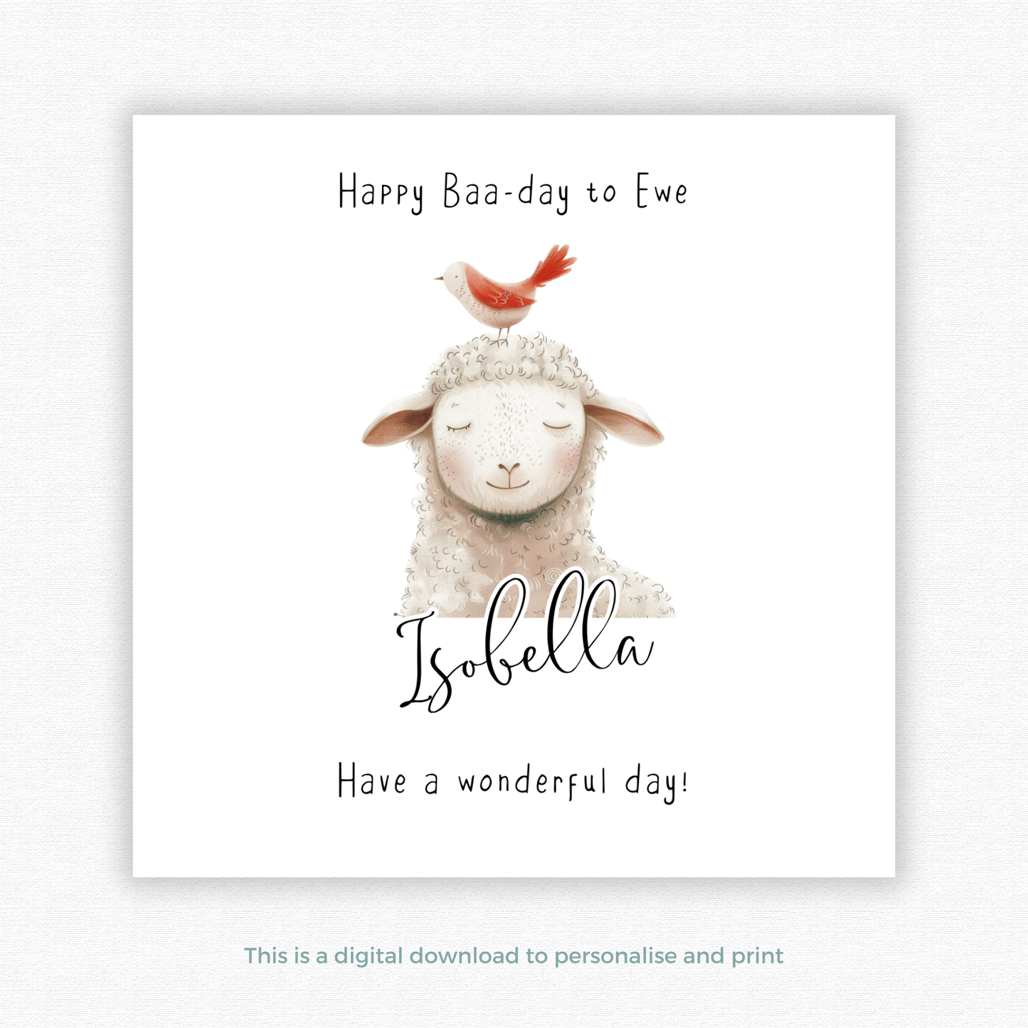 Editable Birthday Card - Sheep with Bird