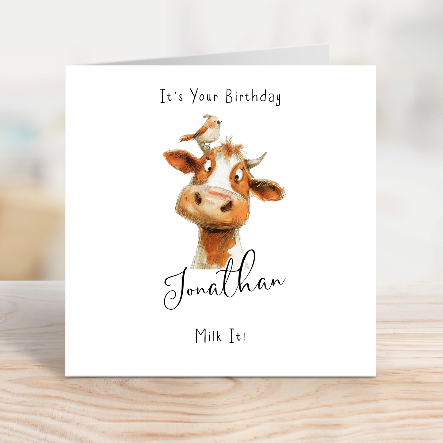 Editable Birthday Card - Cow with Bird
