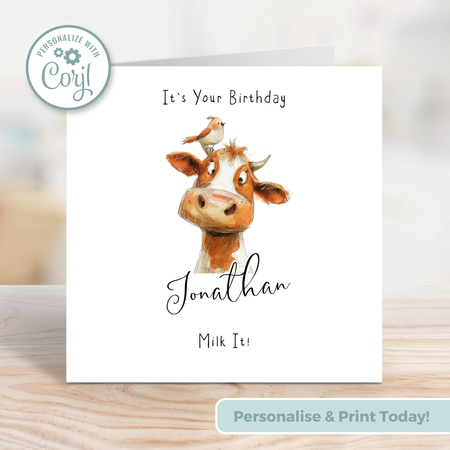 Editable Birthday Card - Cow with Bird