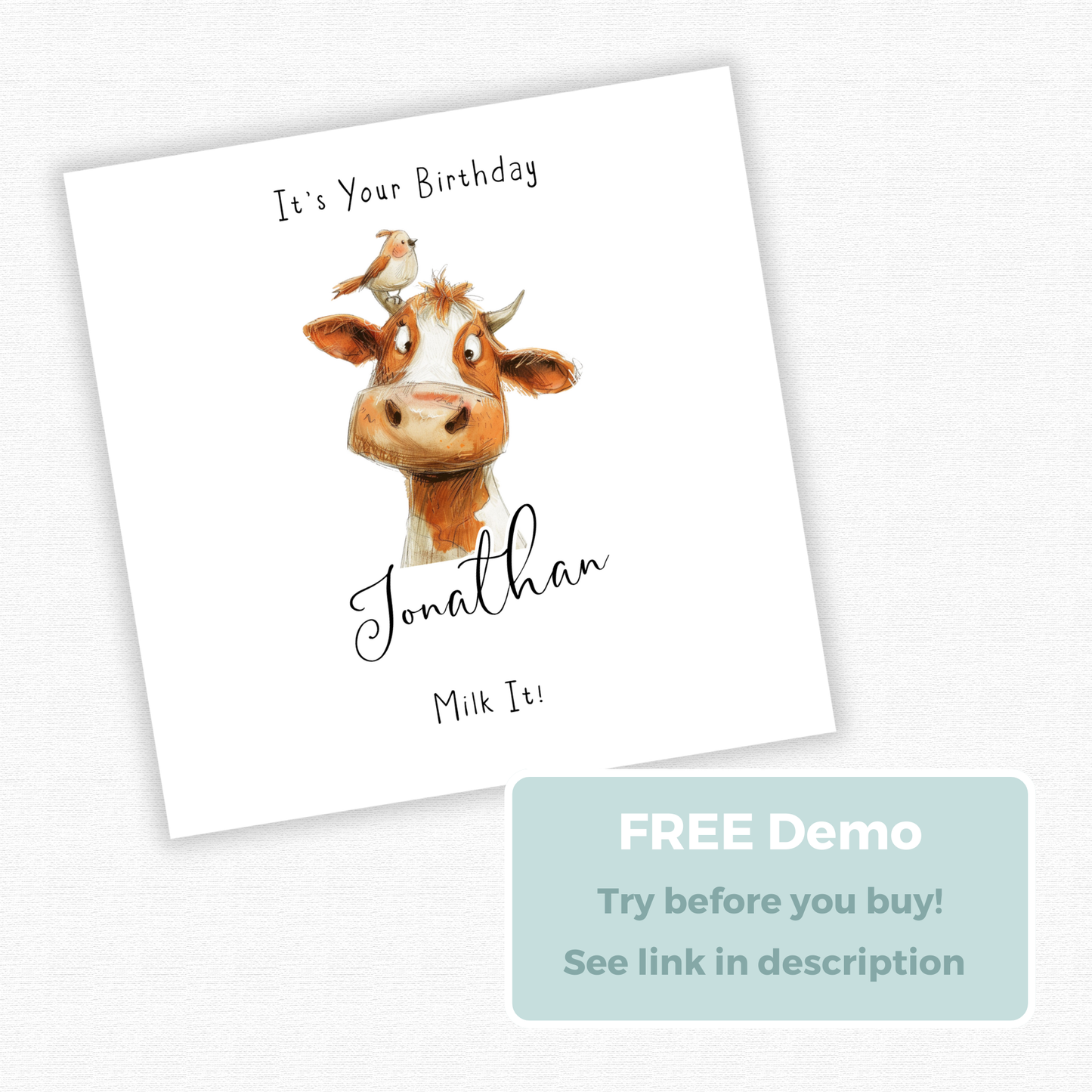 Editable Birthday Card - Cow with Bird