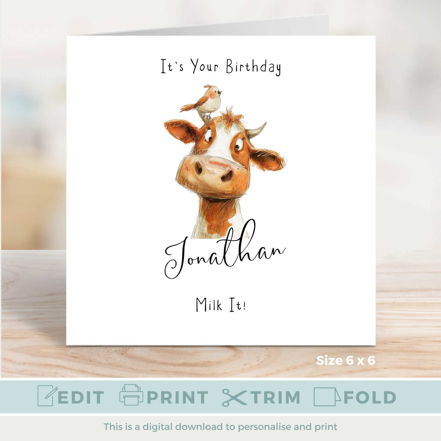 Editable Birthday Card - Cow with Bird