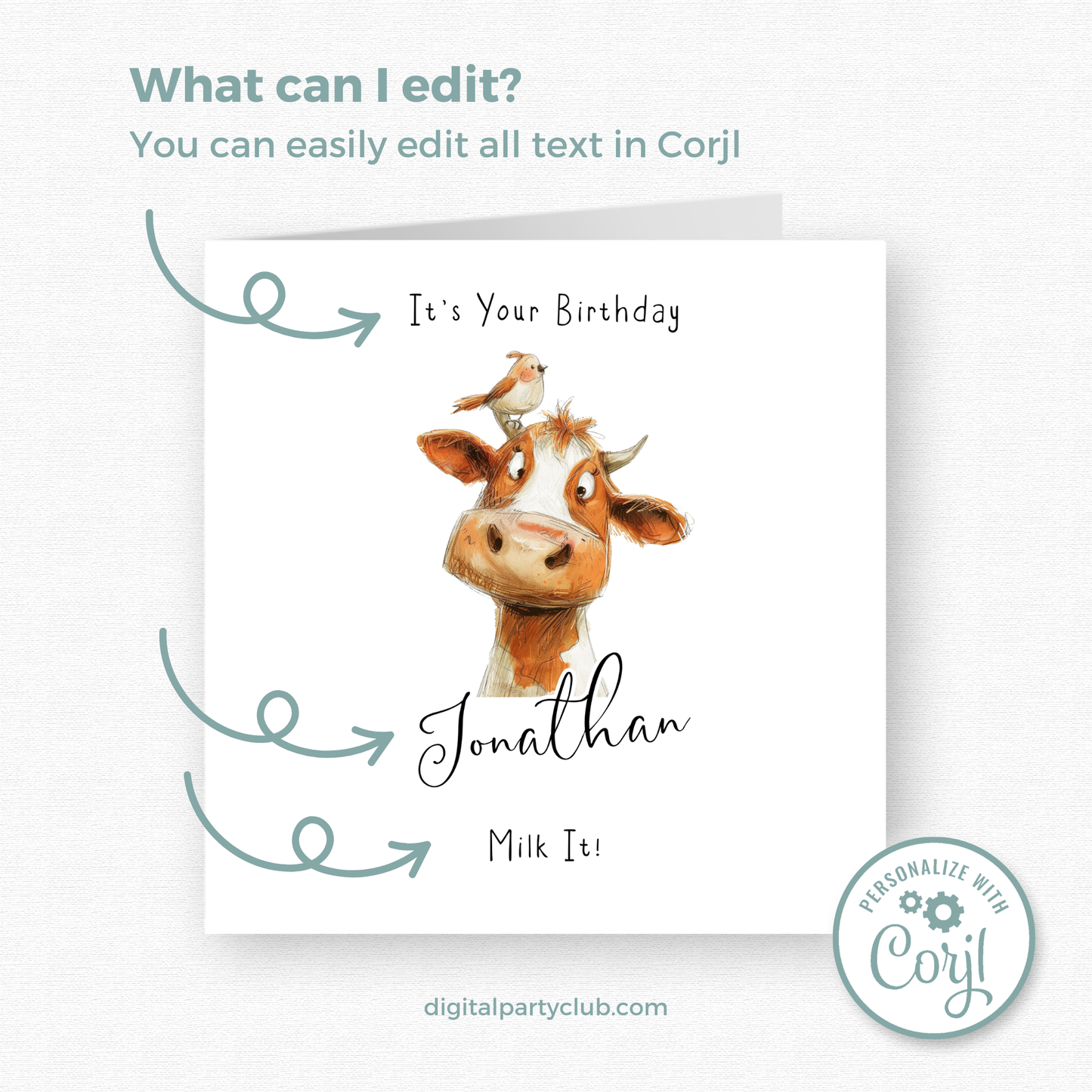 Editable Birthday Card - Cow with Bird