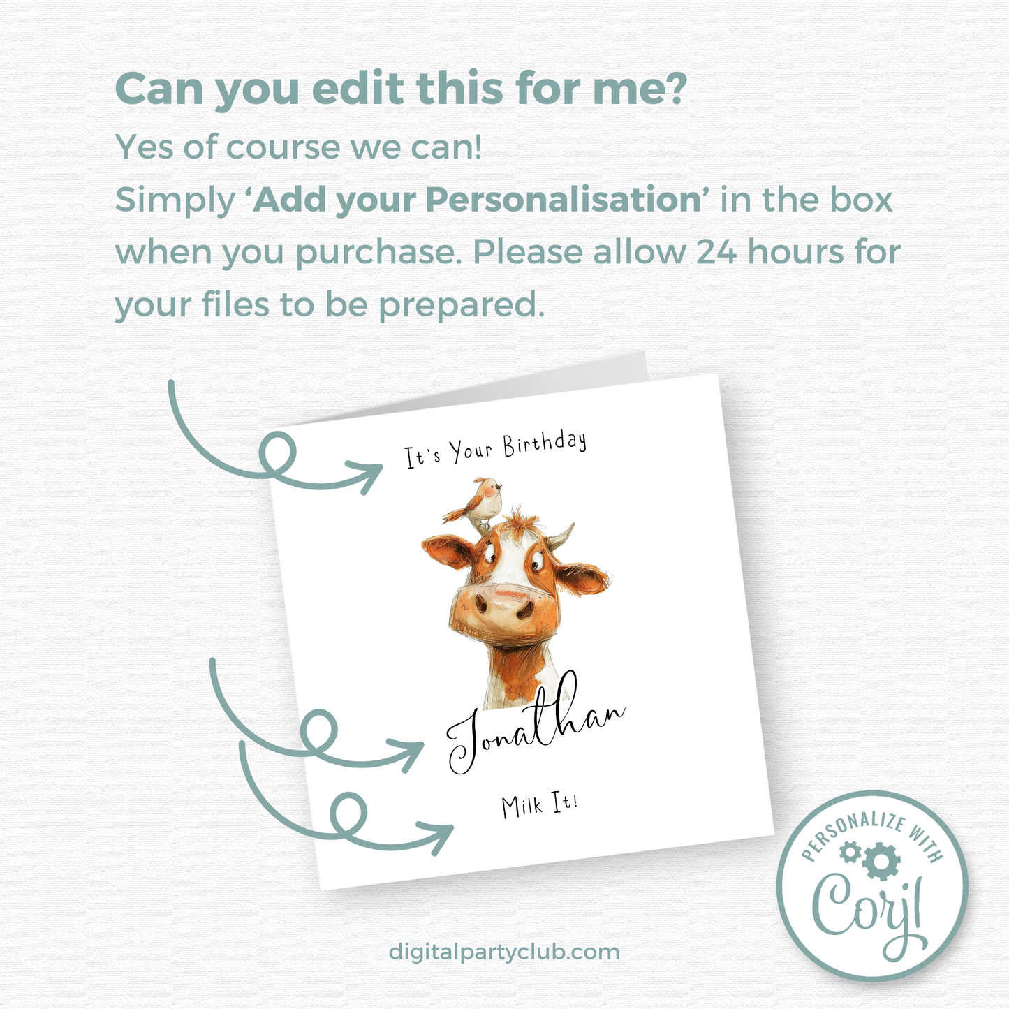 Editable Birthday Card - Cow with Bird
