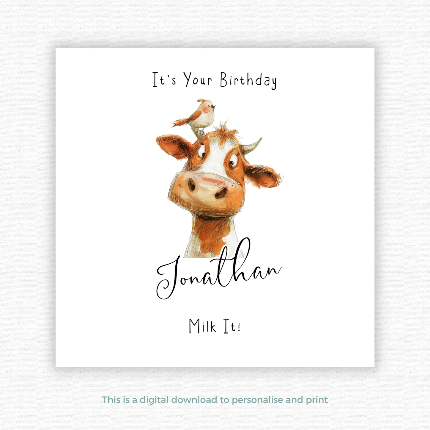 Editable Birthday Card - Cow with Bird
